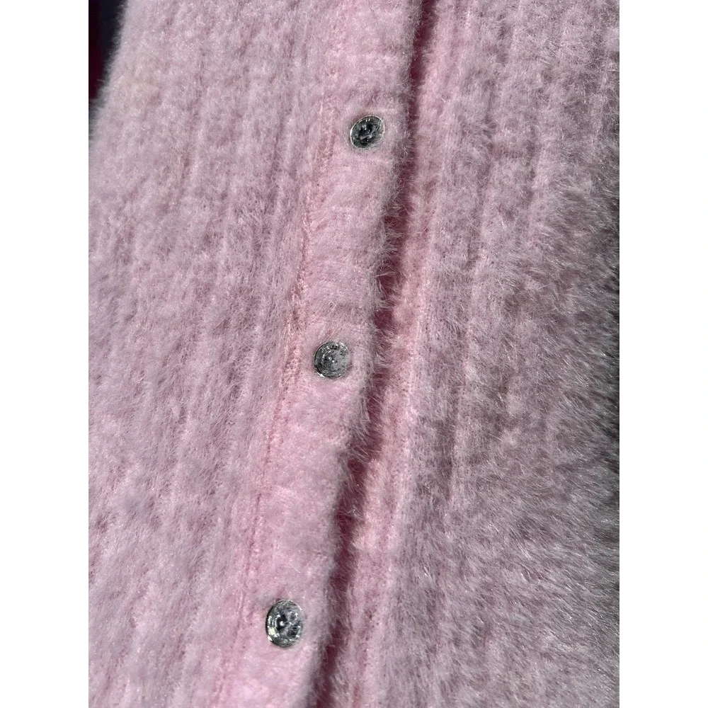 Justice Girls Rose Pink Fuzzy Eyelash Knit Cardigan Sweater Rhinestone Buttons L